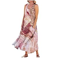 Linen Dresses for Women 2022 Sleeveless Dress for Women 2024 Marble Print Fashion Loose Fit Casual Trendy U Neck Dresses with Pockets Pink 3X-Large