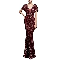 Women's Double V-Neck Sequins Mermaid Evening Dresses with Sleeves