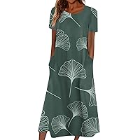 Women's Summer Casual Fashion Flower Printed Short Sleeve Round Neck Boho Dress 2024 Trendy Beach Sundress