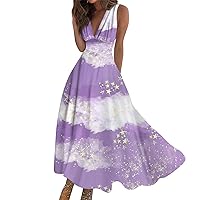 Maxi Dresses for Women 2024 Sun Hawaiian Long Maxi Dress Summer Sleeveless V Neck Boho Waist Retro Printed Dress