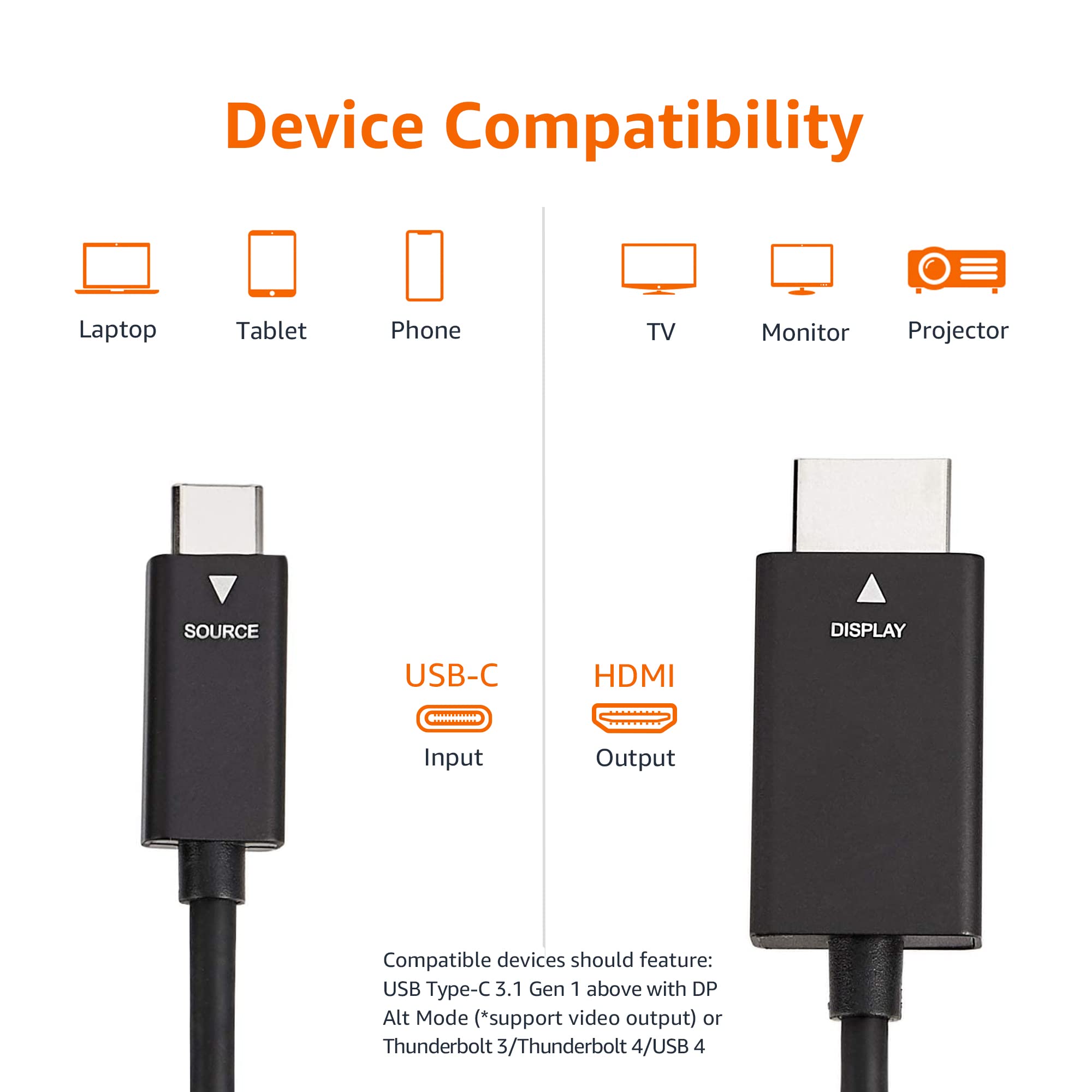 Amazon Basics Premium Aluminum USB-C to HDMI Cable Adapter (Thunderbolt 3 Compatible) 4K@60Hz - 3-Foot