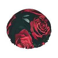 Red Rose Full-Print Fashionable Shower Cap, Water-Resistant Polyester Fabric For Hair Protection