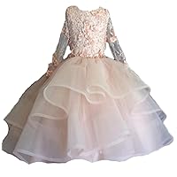 Long Sleeve Flowered Pageant Dresses Ruffles Flower Girl Birthday Party Gown