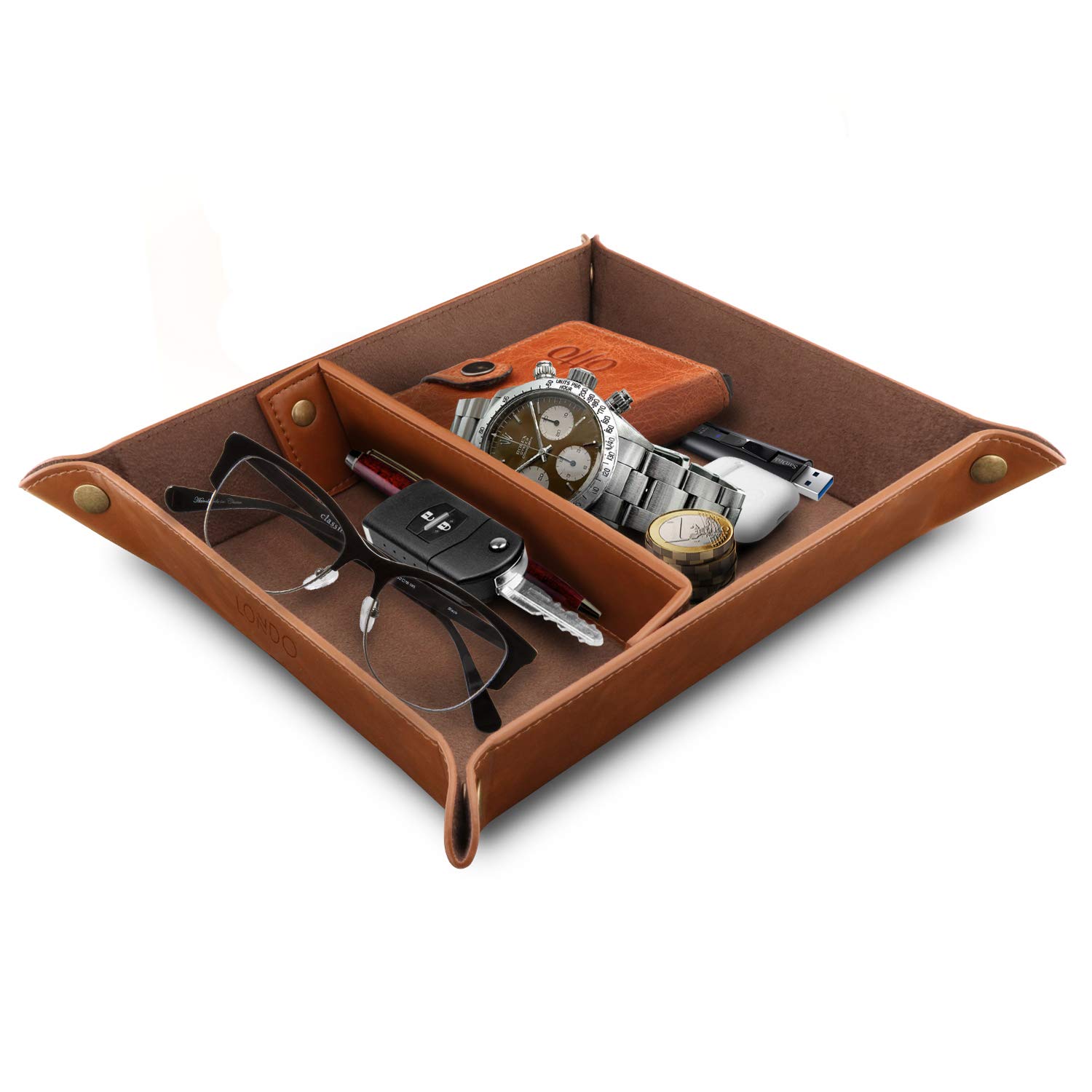 Londo Leather Tray Organizer - Practical Storage Box for Wallets, Watches, Keys, Coins, Cell Phones and Office Equipment