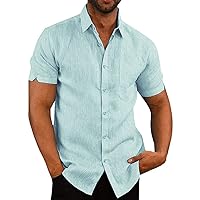 Button Down Short Sleeve Linen Shirts for Men Summer Casual Cotton Spread Collar Beach Shirts