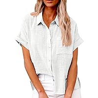 Women's Dressy Casual Tops Business Work Chiffon Blouses Button Down Black Shirts 2024 Summer Elegant Cap Sleeve Tshirt (Black,Medium) Cotton Linen Shirt