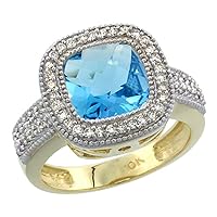 10K Yellow Gold Genuine Blue Topaz Ring Halo Cushion-cut 9x9mm Diamond Accent sizes 5-10