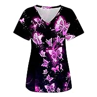 Scrub for Women with Designs Short Sleeve Butterfly Printed Scrubs Loose Fit V-Neck Women Tops Dressy with Pockets,T Shirts for Women Fashion Black L
