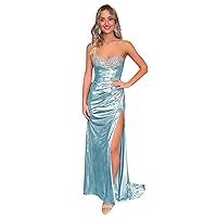 Sparkly Strapless Mermaid Prom Dresses for Women 2024 Metallic Satin Beaded Ruched Formal Evening Party Gown M87