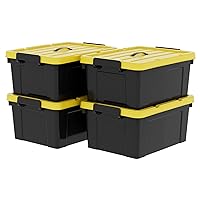 40Qt*4 Durabilt Flip Lid Stackable Heavy Duty Tough Storage Container Tote, Plastic Storage Bins, Storage Box, Black Base with Yellow Lid (4 Pack)