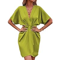 Dresses for Women 2024 Solid Batwing Sleeve Ruched Front Dress Casual Beach Dress