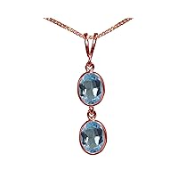 Beautiful Jewellery Company BJC® Solid 9ct Rose Gold Natural Blue Topaz Double Drop Oval Gemstone Pendant 3.00ct & 9ct Rose Gold Curb Necklace Chain