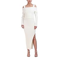 BCBGMAXAZRIA Women's Off Shoulder Long Sleeve Square Neck Two Piece Midi Sweater Dress