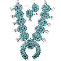 Wesetern Squash Blossom Statement Necklace and Earrings Set Western Navajo (Turquoise)