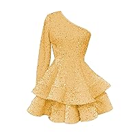 HUUTOE One Shoulder Homecoming Dresses Teens Sequin Short Prom Dresses Long Sleeve Layered Sparkly Formal Evening Party Gown