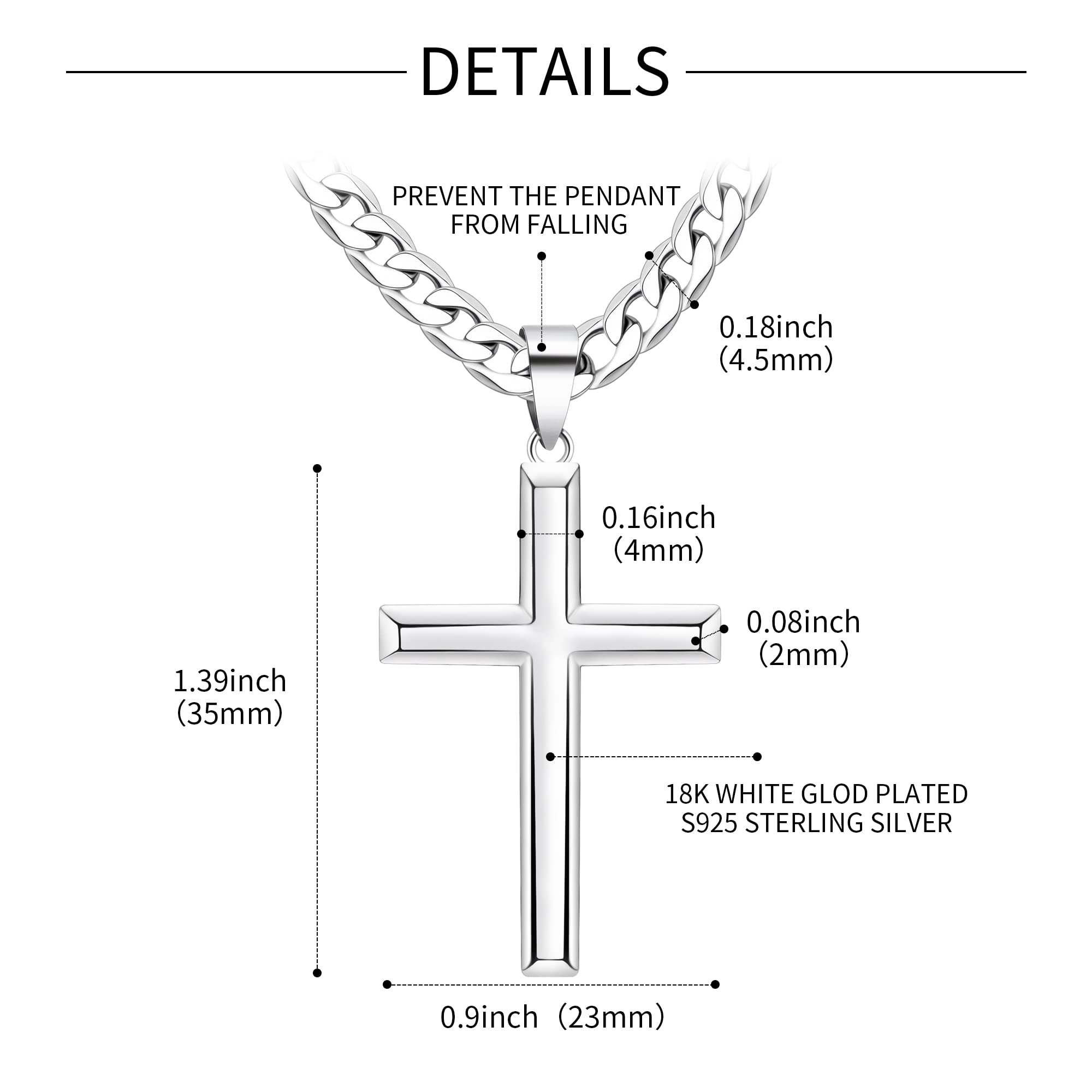 Cameido 925 Sterling Silver Cross Necklace for Men Women Stainless Steel Men's Diamond-Cut Solid Curb Cuban Link Chain Big Beveled Edge Crucifix Cross Pendant Necklace Highly Polished Silver Cross Pendant Necklace 16-28 Inches