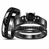 1Ct Round Cut Black Diamond 925 Sterling Silver 14K Black Gold Over Diamond Wedding Bridal Engagement Trio Ring Set for Him & Her