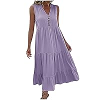 Women Sleeveless Button Up V Neck Swing Midi Dress Casual Loose Summer Dresses Vacation Casual Sundresses