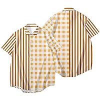Patchwork Striped Plaid Print Short Sleeved Summer Men Novelty Loose Hip Hop Shirt Top Clothing Button Up