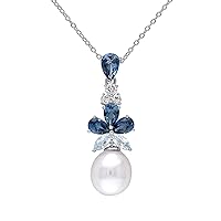 925 Sterling Silver 10.0 Cts Pearl, London Blue Topaz Gemstone Pear drop Pandant Necklace