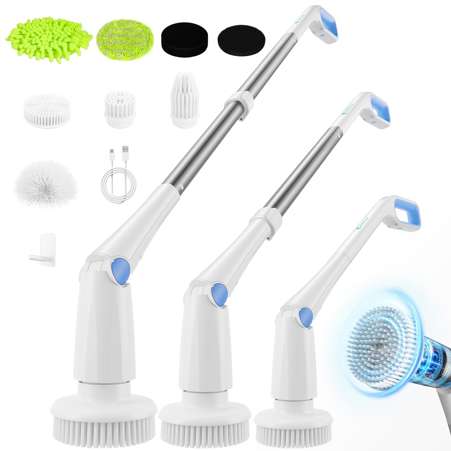 CAKILA Electric Spin Scrubber,Cordless Shower Cleaning Brush with 8 Replaceable Heads,Detachable Long Handle for Bathroom, Floor, Tile, Kitchen,Ideal Gift for Elders