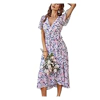 Women's V-Neck Casual Belted Dress Summer Printed Slit Maxi Dress for Beach Party