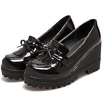 MOOMMO Women Platform Wedge Loafers Shoes Slip On Patent Leather Oxford Shoes Fringe Wingtip Bow Lug Sole Chunky Heel Round Toe Penny Loafers Ladies Girls Uniform Business Office Shoes Cute 4-10 M US