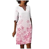 Pub Shift Modern Dress Womans Winter Short Sleeve Button Front Cotton for Women Comfortable Print V Neck Pink 3XL