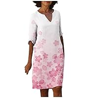 Ladies Dresses, Short Dresses for Women 2024 Dresses for Women 2024 Elegant Ladies Breathable Half Sleeve Dress V-Neck Daily Vintage Floral Print Dressy Womens Casual Fashion (Pink,3X-Large)