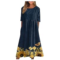 Boho Dress for Women Linen Dress for Women Short Sleeve Irregular Hem Maxi Dress Flowy Floral Printed Summer Dress