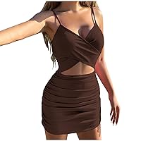 Sleeveless Criss Cross V Neck Warp Dress for Women Sexy Front Cut Out Ruched Bodycon Dress Summer Slim Short Mini Dress