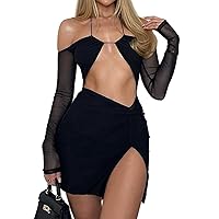 Just Quella Women's Halter Neck Long Sheer Off- The Shoulder Sleeves Cut Out Mesh Dress