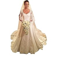 Women's Long Sleeve Lace Wedding Dresses for Bride with Train Satin Church Bridal Gown Plus Size
