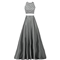 Women's Two Pieces Crystals Beaded Evening Gowns Satin Prom Dresses