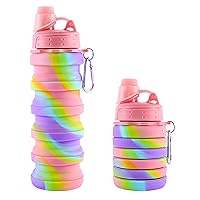 Rainbow Collapsible Folding Water Bottles for Kids, Students, Adults, Reusable BPA Free Silicone Foldable Sports Water Bottles for Travel Camping Hiking, Pink