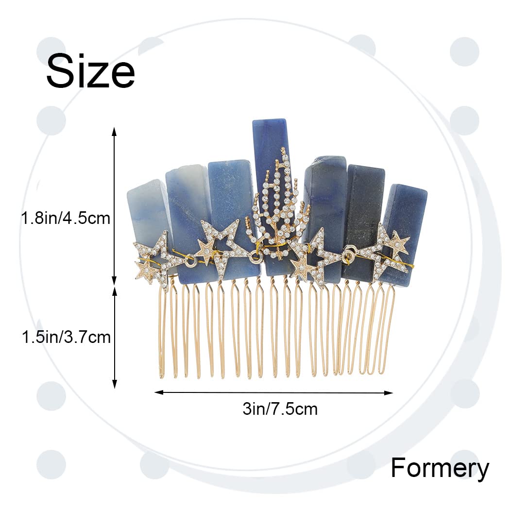 Formery Stars Natural Stone Hair Comb Gold Rhinestone Leaf Bridal Side Comb Wedding Party Photo-shoot Handmade Blue Aventurine Crystal Hair Accessories for Women