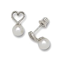Jewelryweb Solid 14K Gold Small Freshwater Cultured Pearl Textured Heart Screw-back Earrings (Yellow or white)(5mm x 12mm)