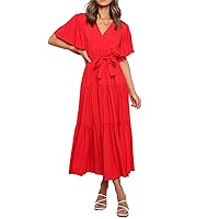 Women's Summer Wrap Maxi Dress,Bohemian V Neck Ruffle Sleeve Midi Dresses Tiered Maxi Dress Beach Sundress