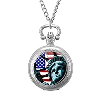 American Flag and Liberty Statue Custom Pocket Watch Vintage Quartz Watches with Chain Birthday Gift for Women Men