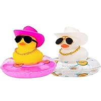 wonuu Cowboy Swim Ring Yellow/White Rubber Ducks with Diamon/Plastic Sunglasses Hat Necklace for Cars Dashboard Decorations Car Accessories Toy Duck Car Ornament, Pink Yellow+Pink White