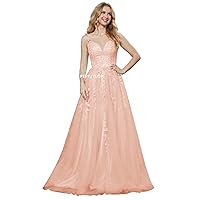 PEIYJYUSP Tulle Lace Appliques V Neck Prom Dresses A Line Wedding Bridesmaid Prom Dress for Teens Ball Gown