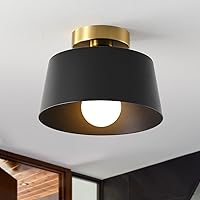 Modern Semi Flush Mount Ceiling Light with Gold Plate and Matte Black Shade, Farmhouse Ceiling Light Fixture for Kitchen Island Dining Room Foyer Hallway Porch Barn Loft，10in (Black)