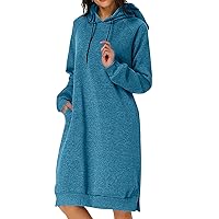 Long Sleeve Fall Dress for Women,Winter Dress Women Fancy Dresses 2023 Mini Dress Cute Hooded Teen Girls Solid Color Drawstring Pocket Plus Size Sweatshirt Dress Casual Sparkly(9-Blue,L)