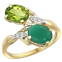 14k Yellow Gold Diamond Natural Peridot & Quality Emerald 2-stone Mothers Ring Oval 8x6mm, size 5 - 10