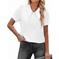 ACEVOG Womens Blouse Short Sleeve Chiffon Shirts Bow Tie Neck Business Tops Breathable Summer Shirts for Women Work Wear