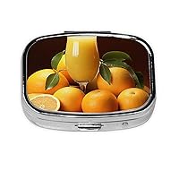 Orange Juice Print Pill Box Square Metal Pill Case with 2 Compartment Portable Travel Pillbox Cute Mini Medicine Organizer for Pocket Purse