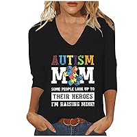 Autism Mom Letter Shirt Women Autism Awareness Inspirational Tee Tops 3/4 Sleeve V Neck Puzzle Piece Graphic T-Shirt