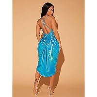 Women Dresses Ruched Asymmetrical Hem Metallic Cami Dress (Color : Mint Blue, Size : Small)