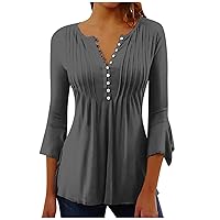 Party Retro Undershirt Women's 3/4 Sleeve Spring V Neck Tops Ladies Slack Breathable with Buttons Print Top