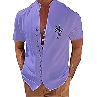 Mens Causal Short Sleeve Shirts Summer Button Down Beach Cuban Guayabera Shirt Band Collar Breathable Hippie Tops